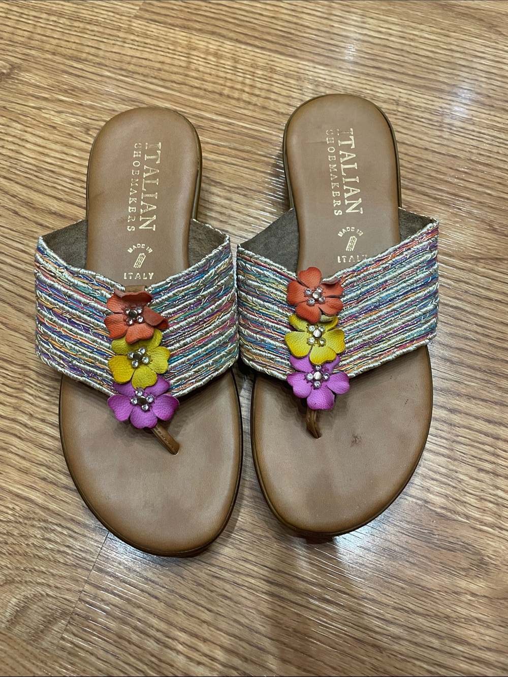 Italian Shoemakers Multicolor Floral Slide Sandals in Tan, Orange, Yellow, Pink